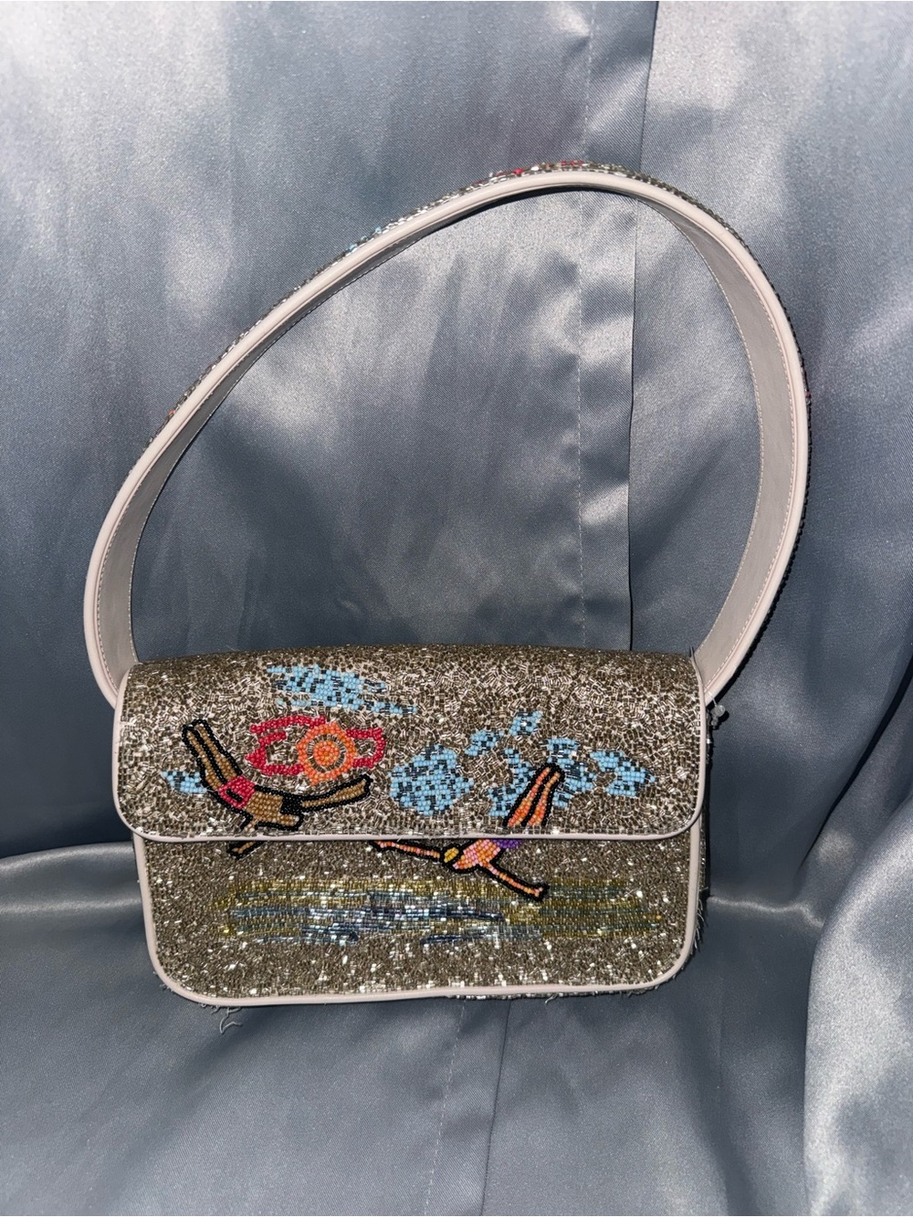 STAUD Silver Glitter Beaded Shoulder Bag with Multicolor Floral Motif